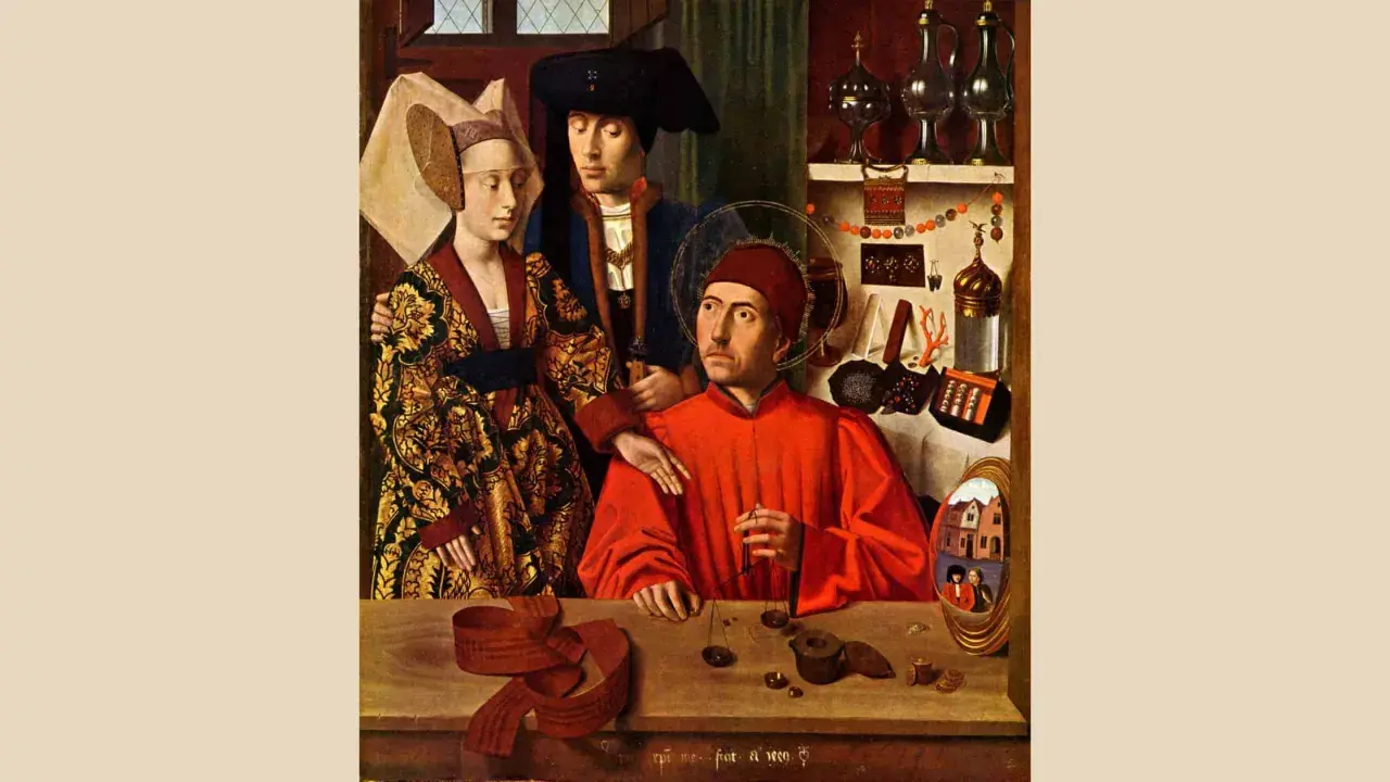 Święty Eligiusz, patron mechaników i złotników, w otoczeniu pary. Na stole wagi i biżuteria.