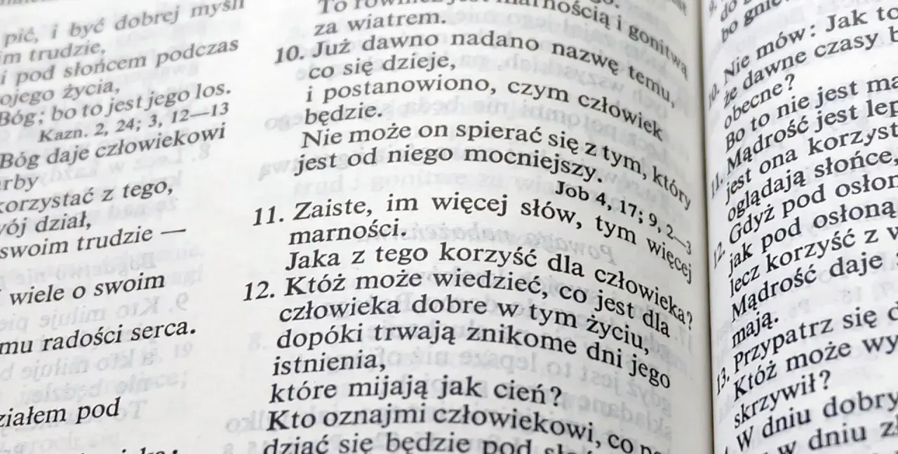 Fragment z księgi Koheleta, ukazujący tekst biblijny. Wersy mówią o mądrości i przemijaniu.