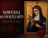 Nowenna do św. Rity, modlitwa o zdrowie. Ikona świętej z krzyżem i wieńcem róż. Ciemne tło z czerwonymi różami.