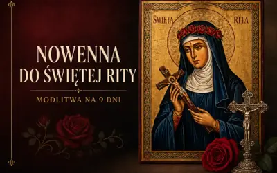 Nowenna do św. Rity, modlitwa o zdrowie. Ikona świętej z krzyżem i wieńcem róż. Ciemne tło z czerwonymi różami.