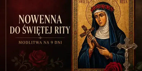 Nowenna do św. Rity, modlitwa o zdrowie. Ikona świętej z krzyżem i wieńcem róż. Ciemne tło z czerwonymi różami.