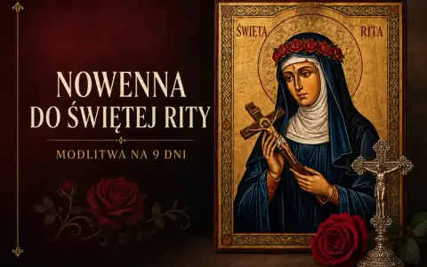 Nowenna do św. Rity, modlitwa o zdrowie. Ikona świętej z krzyżem i wieńcem róż. Ciemne tło z czerwonymi różami.