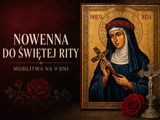 Nowenna do św. Rity, modlitwa o zdrowie. Ikona świętej z krzyżem i wieńcem róż. Ciemne tło z czerwonymi różami.