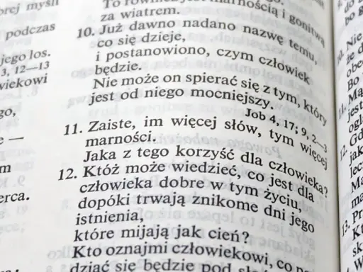 Fragment z księgi Koheleta, ukazujący tekst biblijny. Wersy mówią o mądrości i przemijaniu.