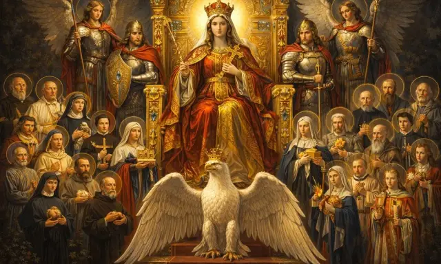 Z dawna polski tyś królową, w otoczeniu świętych i aniołów, z orłem u stóp.