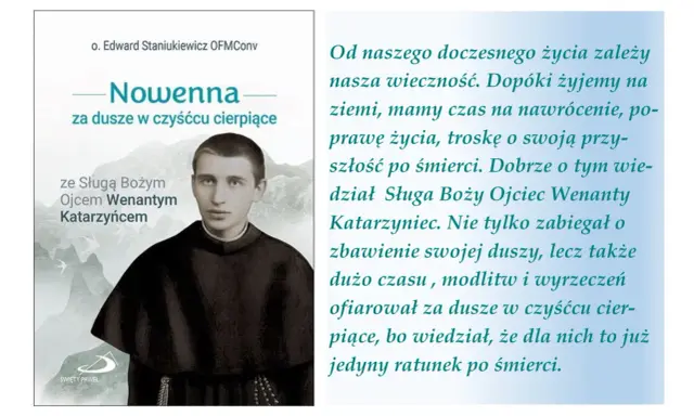 Okładka książki "Nowenna za dusze w czyśćcu cierpiące" ze Sługą Bożym Ojcem Wenantym Katarzyńcem. Modlitwa do Wenantego.