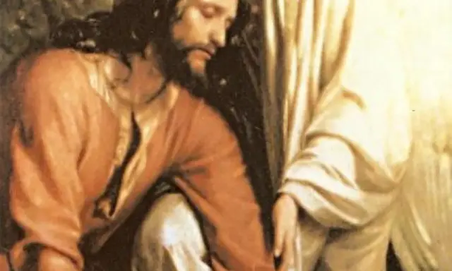 Jezus klęczy w Ogrójcu, pogrążony w modlitwie. Obok niego anioł podtrzymuje go, dodając sił.
