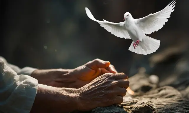 Biały gołąb wzbija się nad złożonymi dłońmi, symbolizując wolność i nadzieję, jak w psalm 150 tekst.