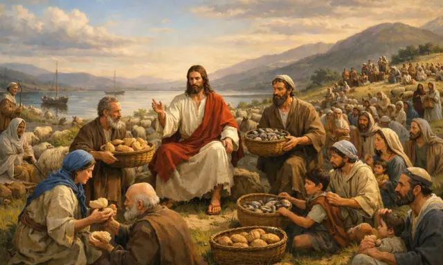 Jezus dokonuje rozmnożenia chleba i ryb dla tłumu. Ludzie siedzą na wzgórzu, a przed nimi kosze pełne jedzenia.