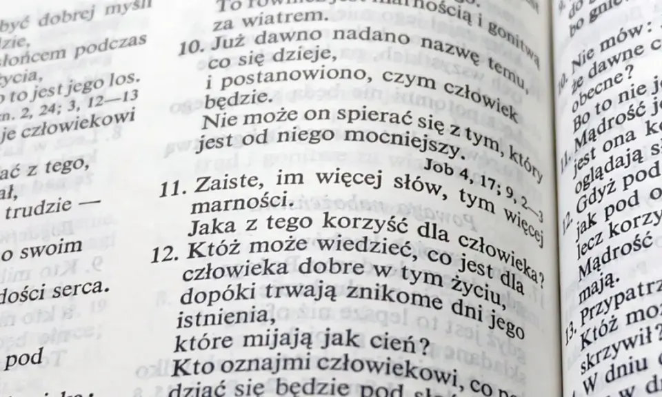 Fragment z księgi Koheleta, ukazujący tekst biblijny. Wersy mówią o mądrości i przemijaniu.