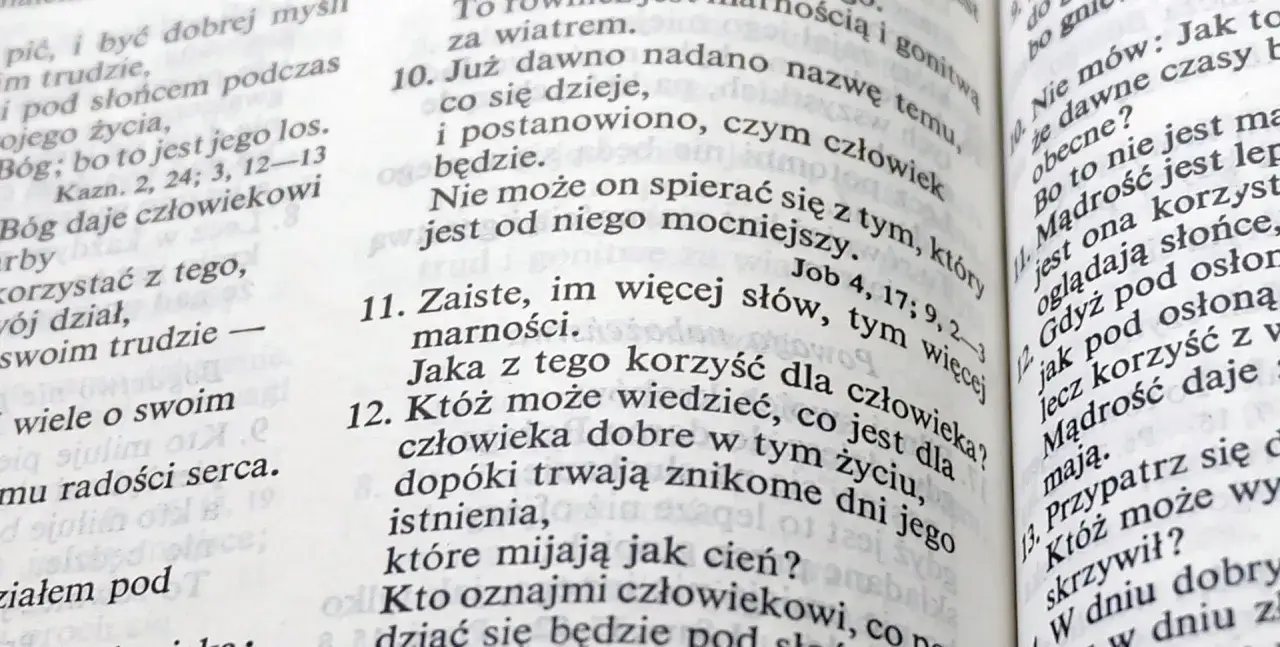 Fragment z księgi Koheleta, ukazujący tekst biblijny. Wersy mówią o mądrości i przemijaniu.