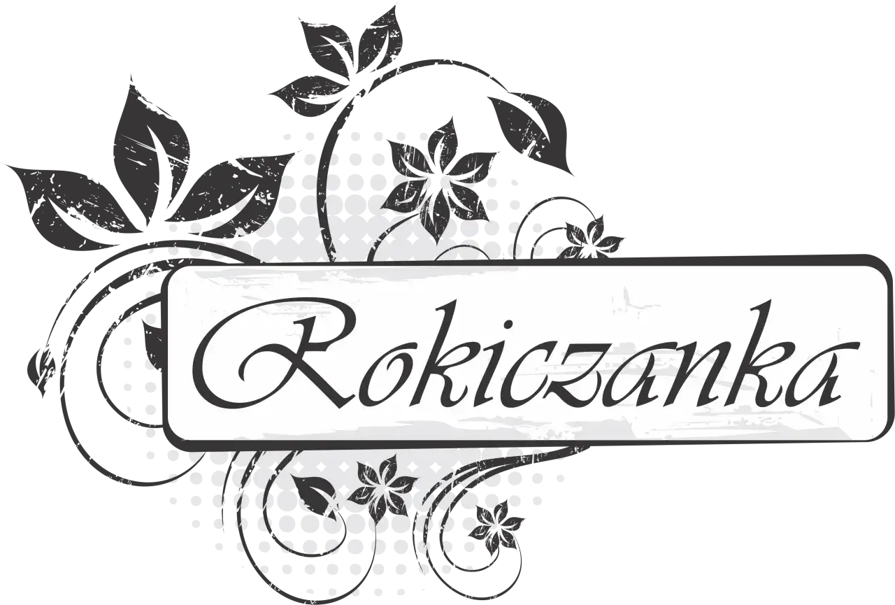 Rokiczanka hej, w dzień narodzenia tekst. Stylizowany napis na tle kwiatów i liści.