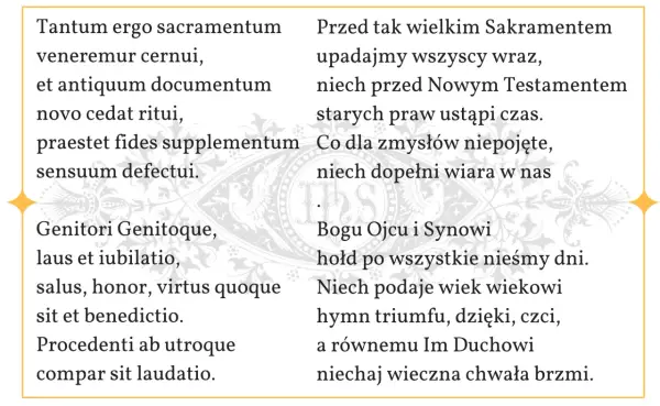 Tekst pieśni na wystawienie Najświętszego Sakramentu. "Tantum ergo sacramentum" i polskie tłumaczenie.