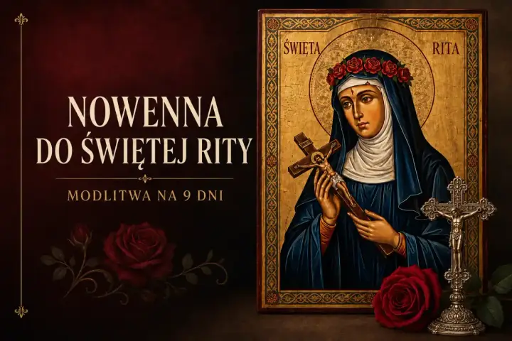 Nowenna do św. Rity, modlitwa o zdrowie. Ikona świętej z krzyżem i wieńcem róż. Ciemne tło z czerwonymi różami.