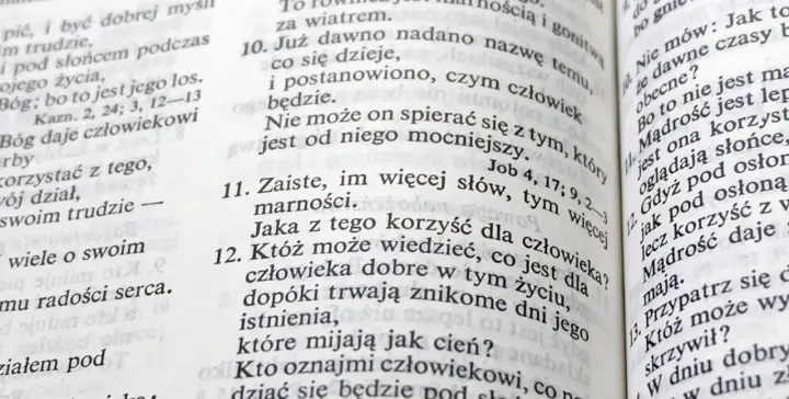 Fragment z księgi Koheleta, ukazujący tekst biblijny. Wersy mówią o mądrości i przemijaniu.