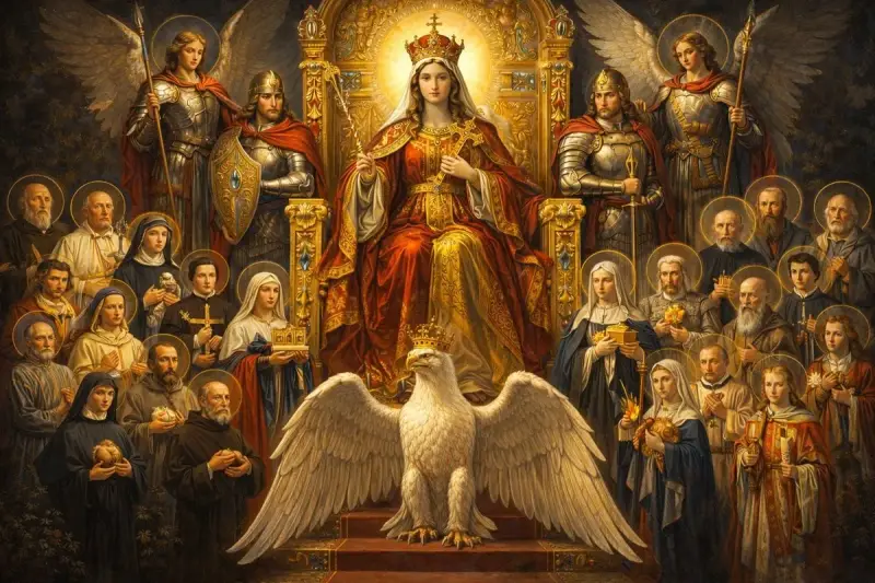 Z dawna polski tyś królową, w otoczeniu świętych i aniołów, z orłem u stóp.