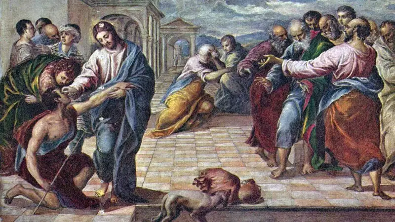 Jezus dotyka twarzy trędowatego, dokonując uzdrowienia. Wokół zgromadził się tłum ludzi, niektórzy z niedowierzaniem, inni z nadzieją.