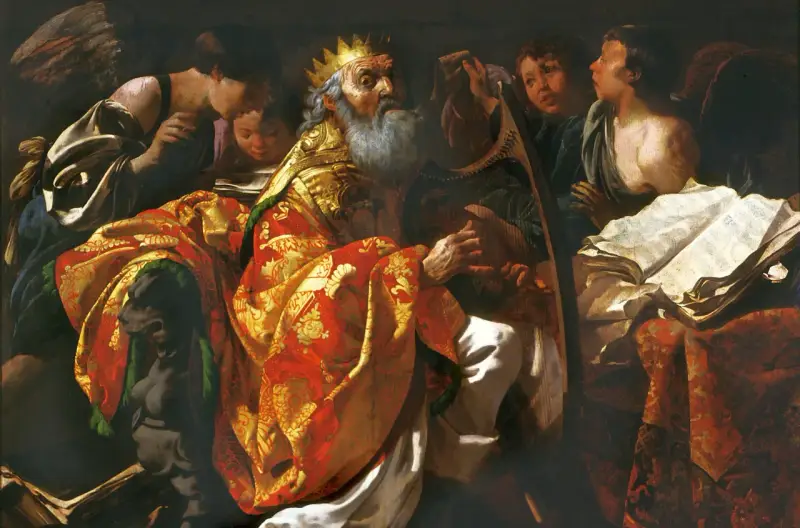 Król Dawid gra na harfie, otoczony aniołami i uczonymi. Pamiętaj człowiecze na Jezusa, bo Jego miłość jest wieczna.